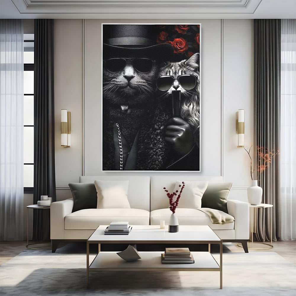 Tablou canvas cu tablou canvas cu pisici gangster in ochelari, in rama de aluminiu argintiu, pe perete intr-un living
